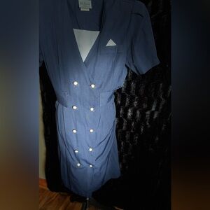 Vintage Ms. Basia Navy Blue Double-Breasted Midi Dress with Gold Buttons